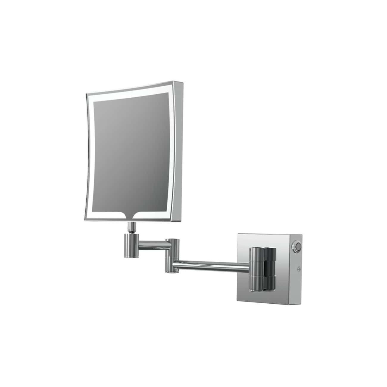 Adjustable wall-mounted magnifying mirror with LED lighting for modern bathrooms, ideal for grooming and skincare routines. Compact chrome finish, flexible arm, and clear reflection.