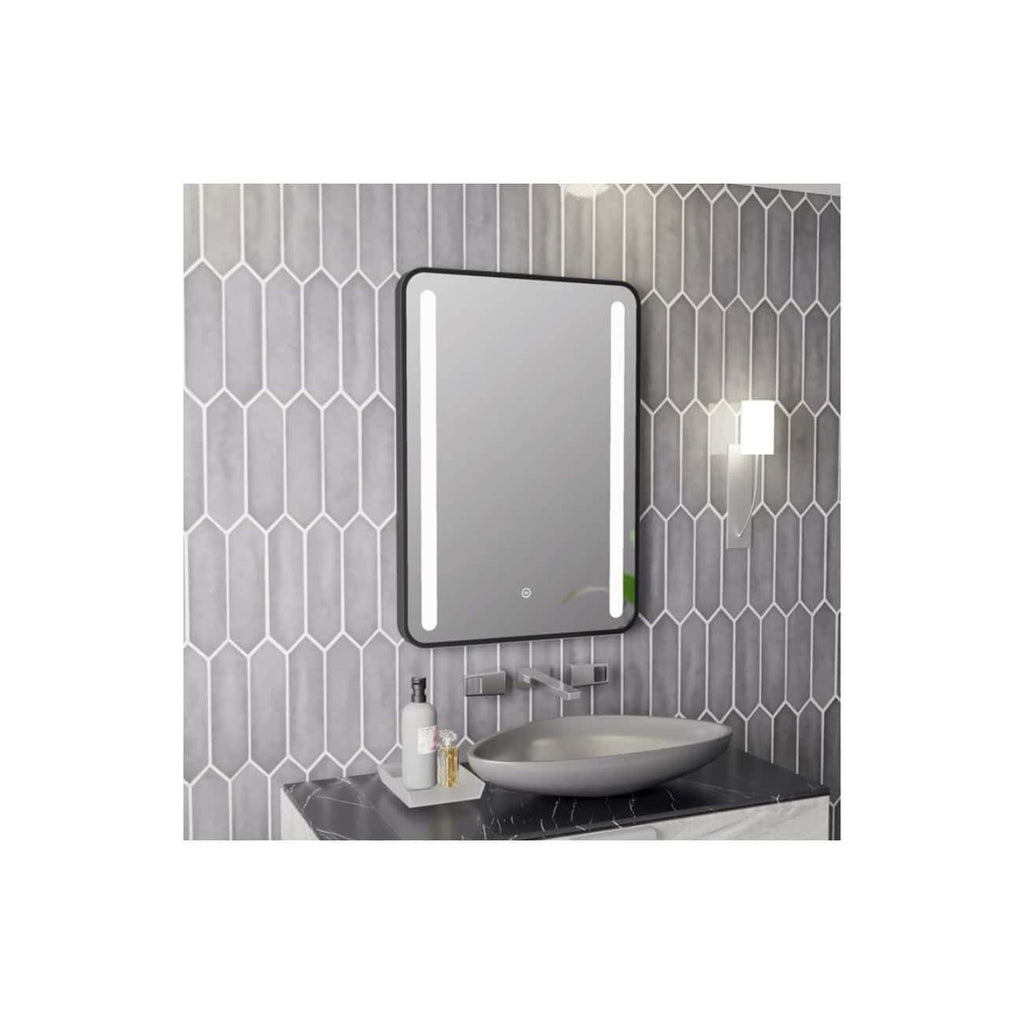 Elegant modern bathroom mirror with integrated LED lighting perfect for contemporary bathroom decor. Featuring a sleek black frame, this mirror enhances bathroom aesthetics and lighting.