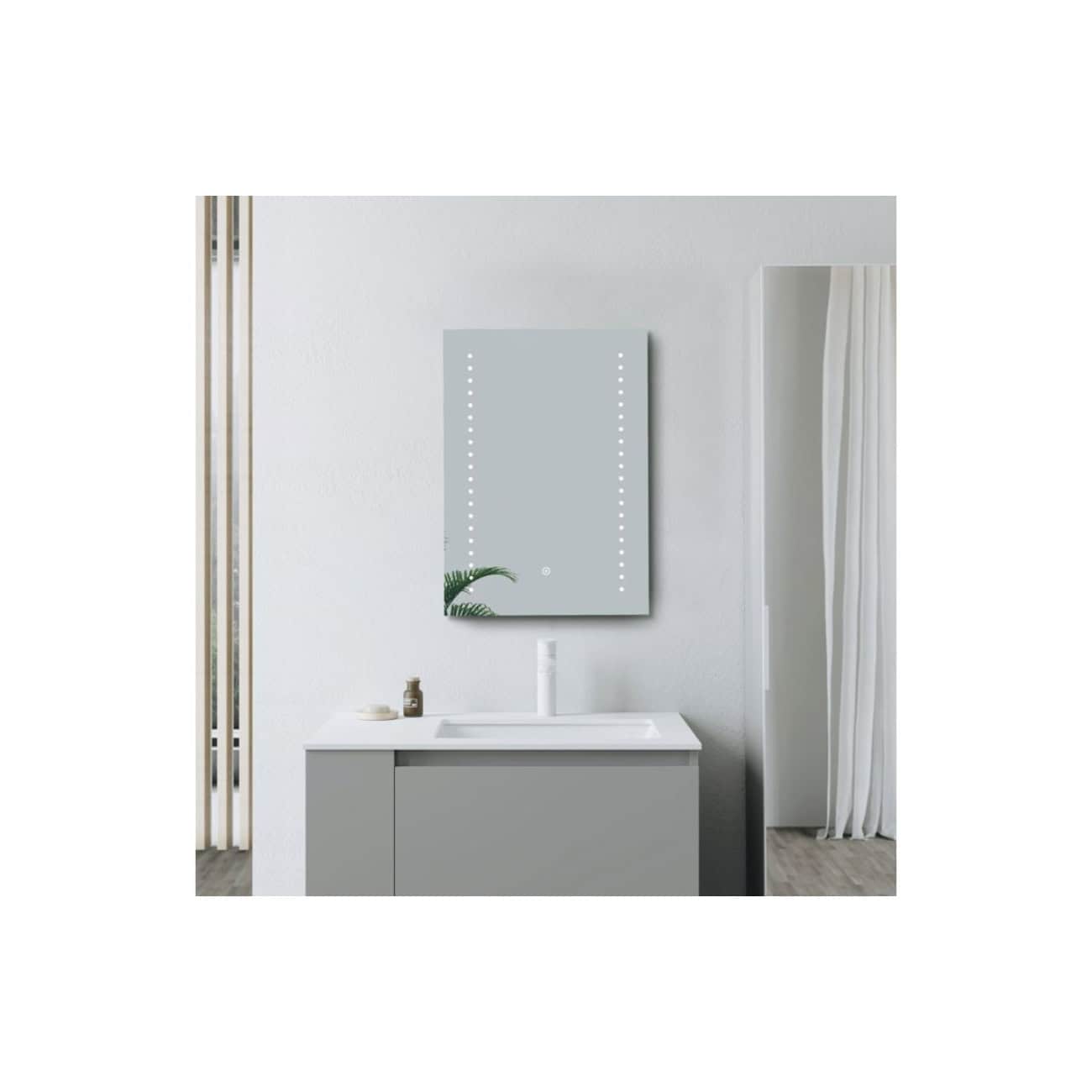 Sleek modern bathroom vanity with a large mirror, minimalist design, grey cabinet, and clean white countertop, perfect for contemporary bathroom decor.