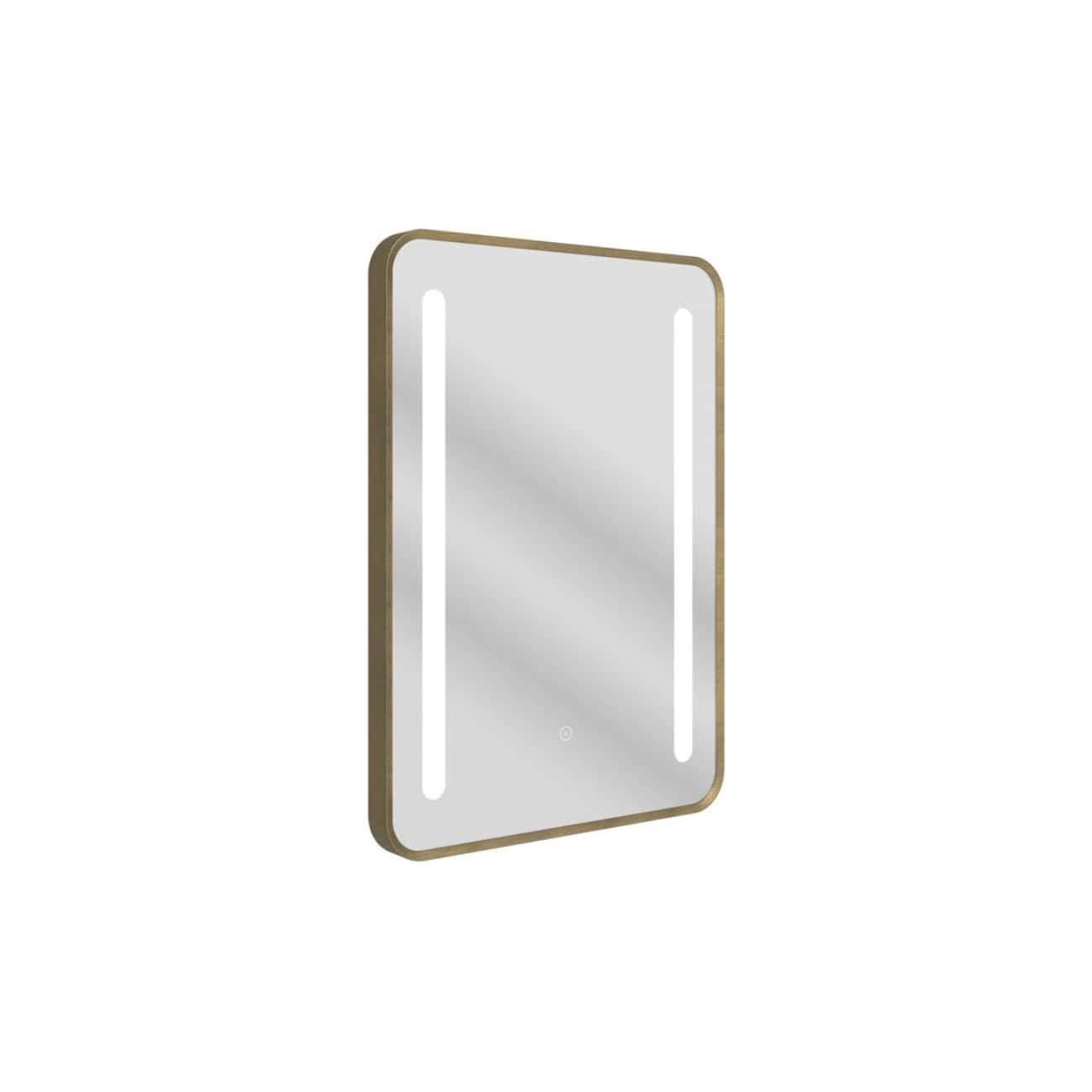 Sleek modern LED bathroom mirror with built-in lighting, gold frame, and touch sensor for style and functionality in contemporary bathroom designs.