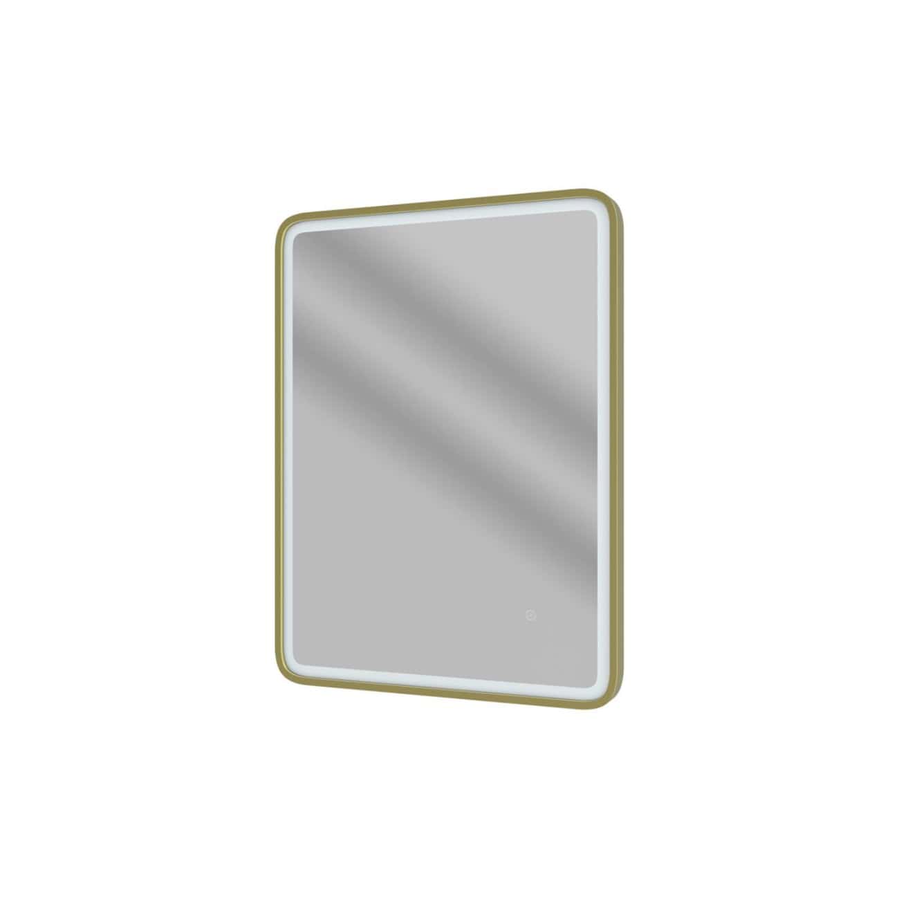 Sleek modern bathroom mirror with LED lighting, gold trim, mirror surface, stylish design for contemporary bathroom decor.