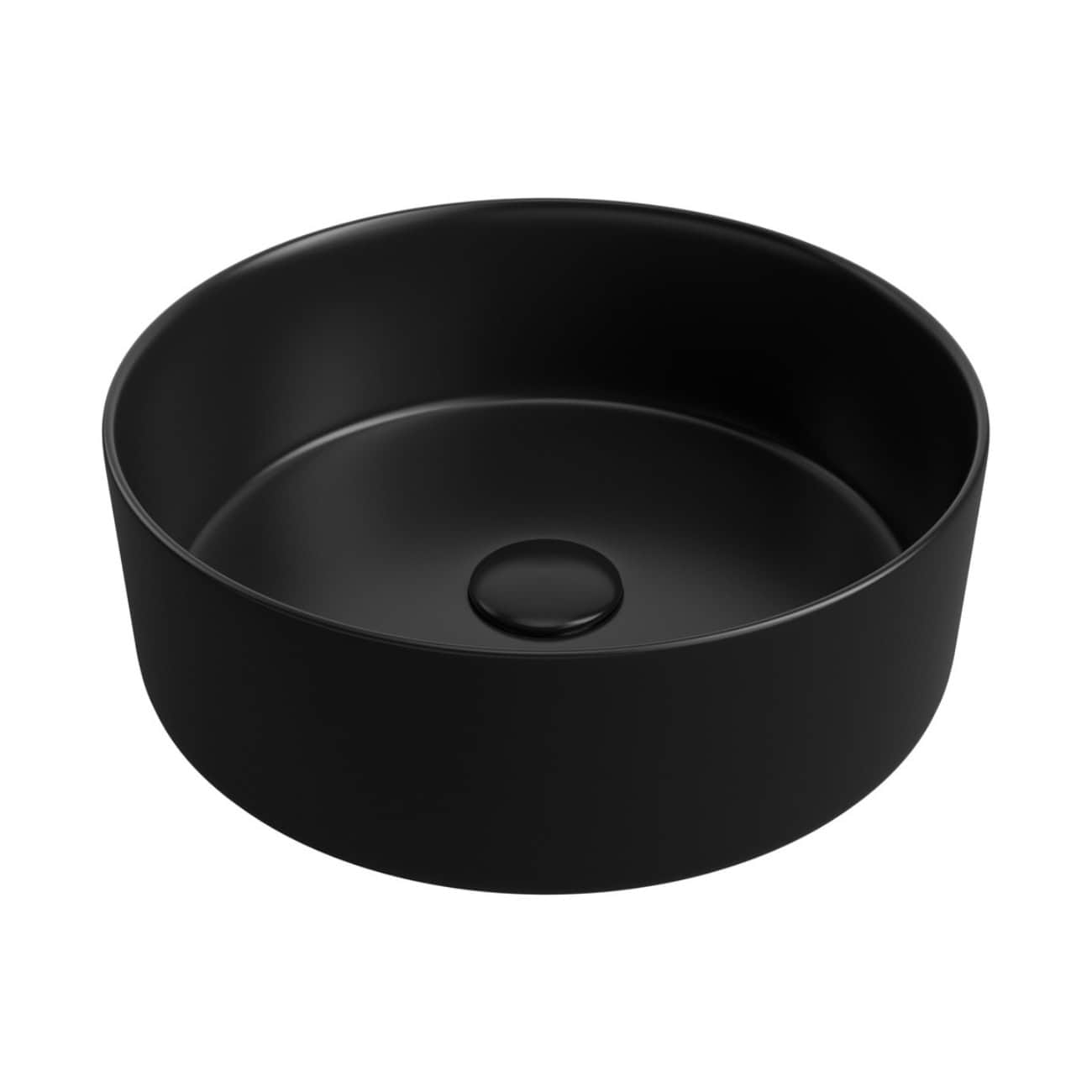 Sleek black bathroom sink bowl with modern design and smooth finish, ideal for contemporary bathroom interiors. Compact round vessel with central drain, perfect for stylish and functional bathroom renovation.