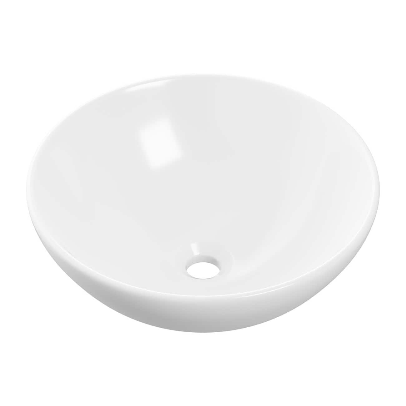 Sleek white ceramic bathroom sink with smooth rounded edges, ideal for modern bathroom designs, featuring a central drain hole and compact shape for space-saving installation.