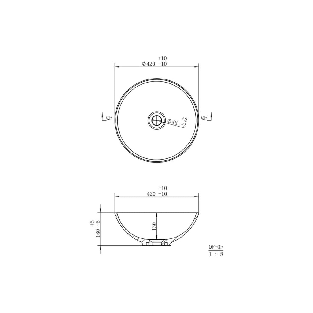 Precision technical plumbing drawing for a round bathroom sink with detailed dimensions for installation and design. Suitable for modern bathroom renovation projects.