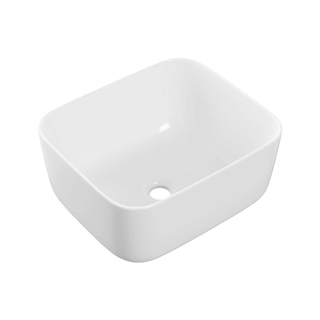 White ceramic bathroom vessel sink, modern square basin with smooth edges, ideal for contemporary bathroom decor, featuring a central drain hole for easy installation.
