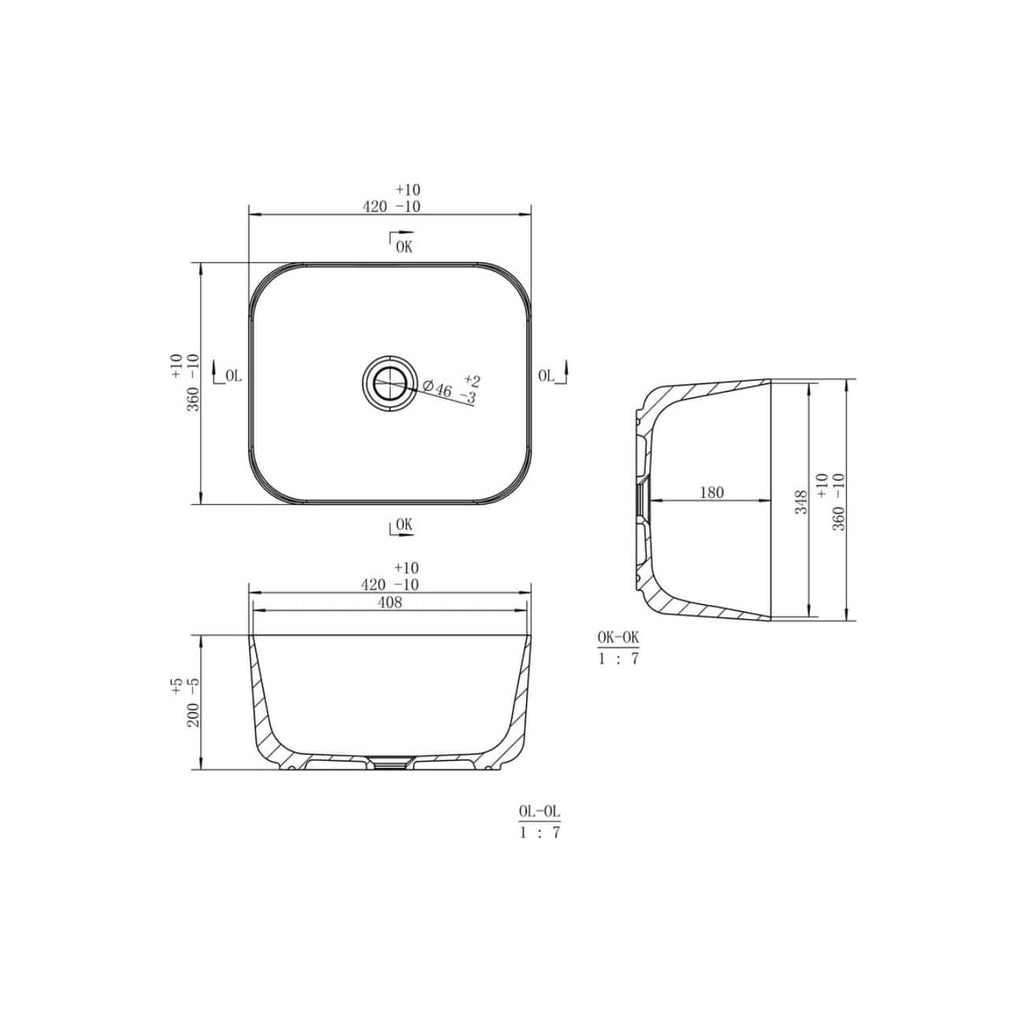 High-quality technical drawing of a square bathroom sink with detailed dimensions, specifications, and fittings for precise installation and modern bathroom design by Bubly Bathrooms.