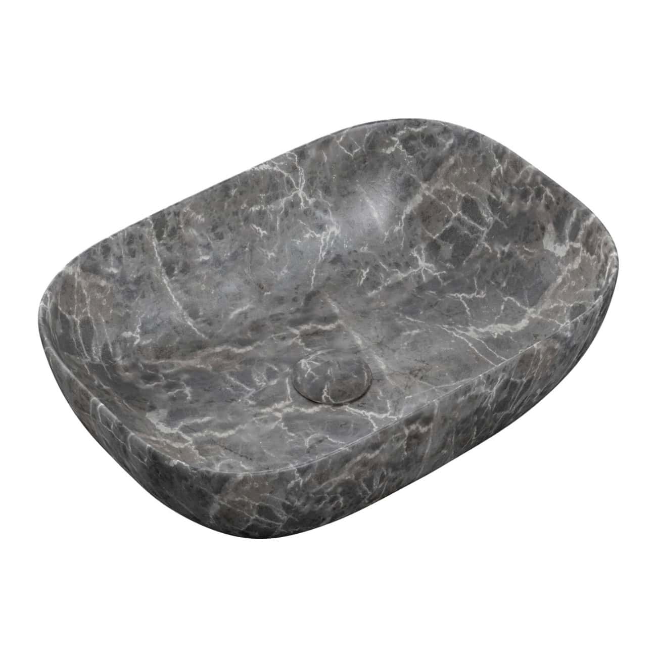 Marble bathroom sink with a smooth, polished grey surface and white veining, designed for modern bathroom decor, durable natural stone material, and elegant aesthetic.
