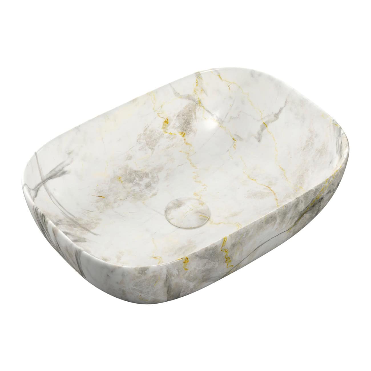 Luxurious marble bathroom sink with a smooth, oval design featuring elegant grey and gold veining, perfect for modern bathroom decor.