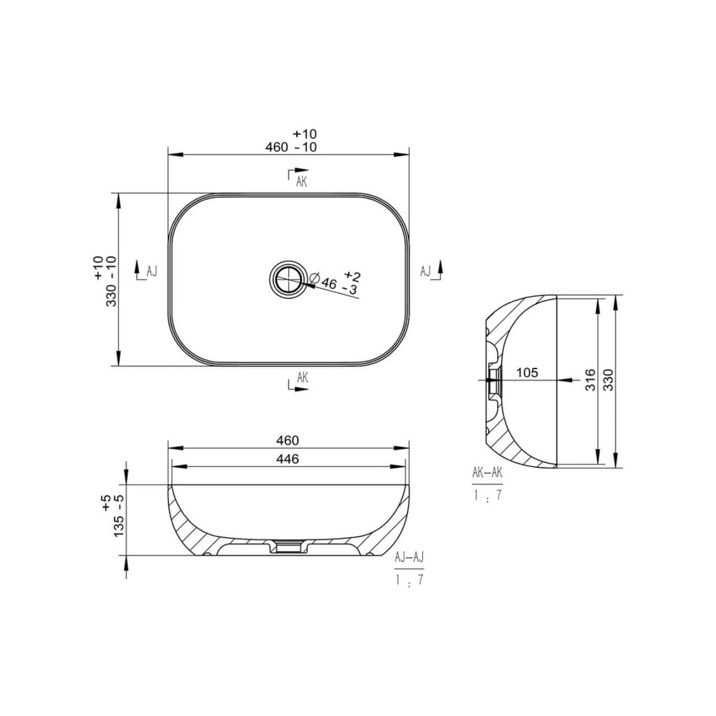 Schematic technical drawing of a modern bathroom sink with detailed measurements, including top view and side profile, designed for precise installation and plumbing integration.