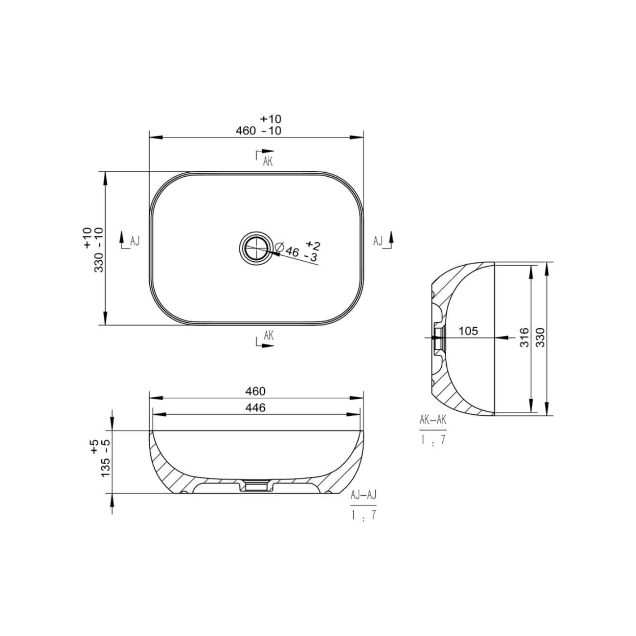 Schematic technical drawing of a modern bathroom sink with detailed measurements, including top view and side profile, designed for precise installation and plumbing integration.