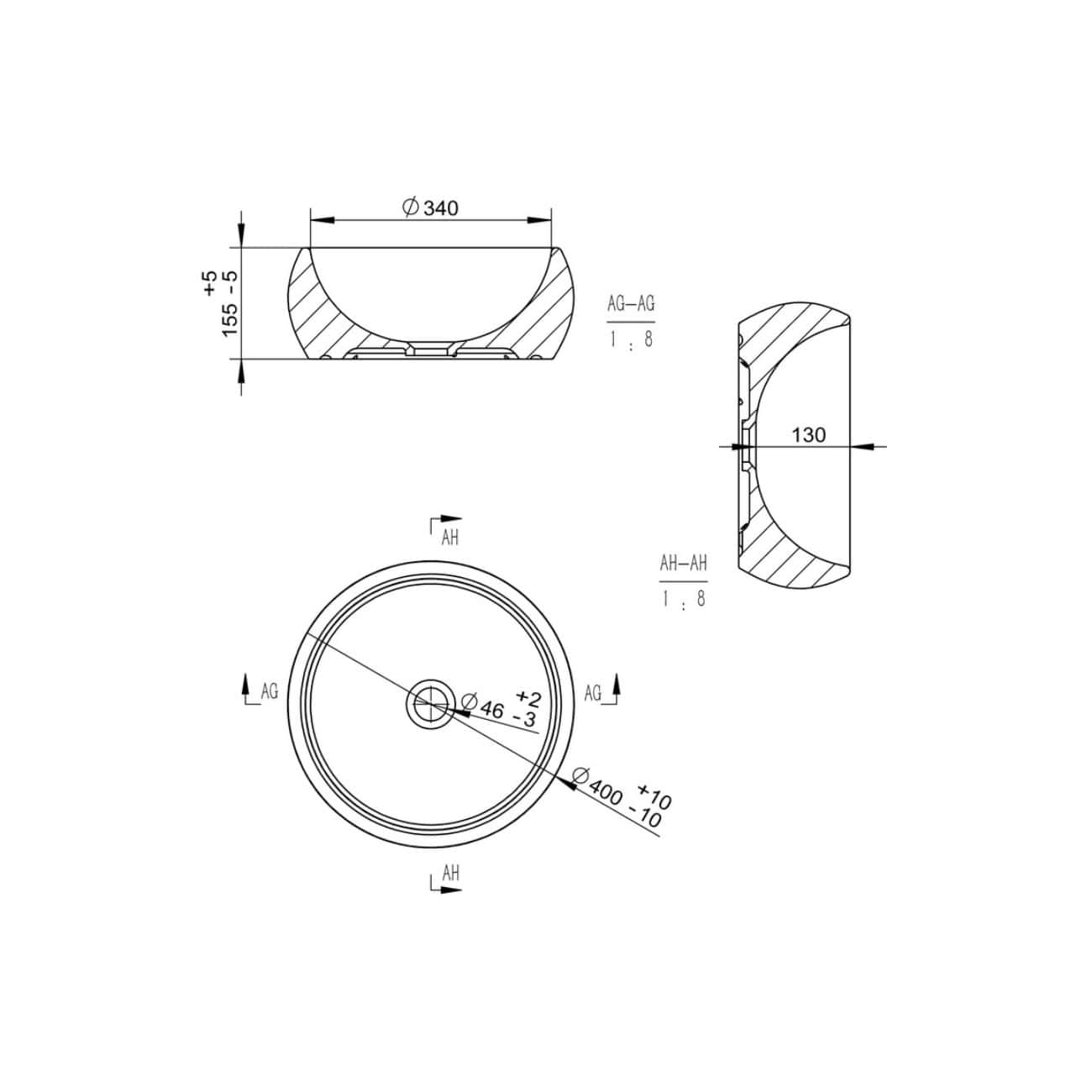 Schematic technical drawing of a round bathroom sink with detailed measurements and sectional views. Ideal for bathroom renovation planning and expert plumbing design.