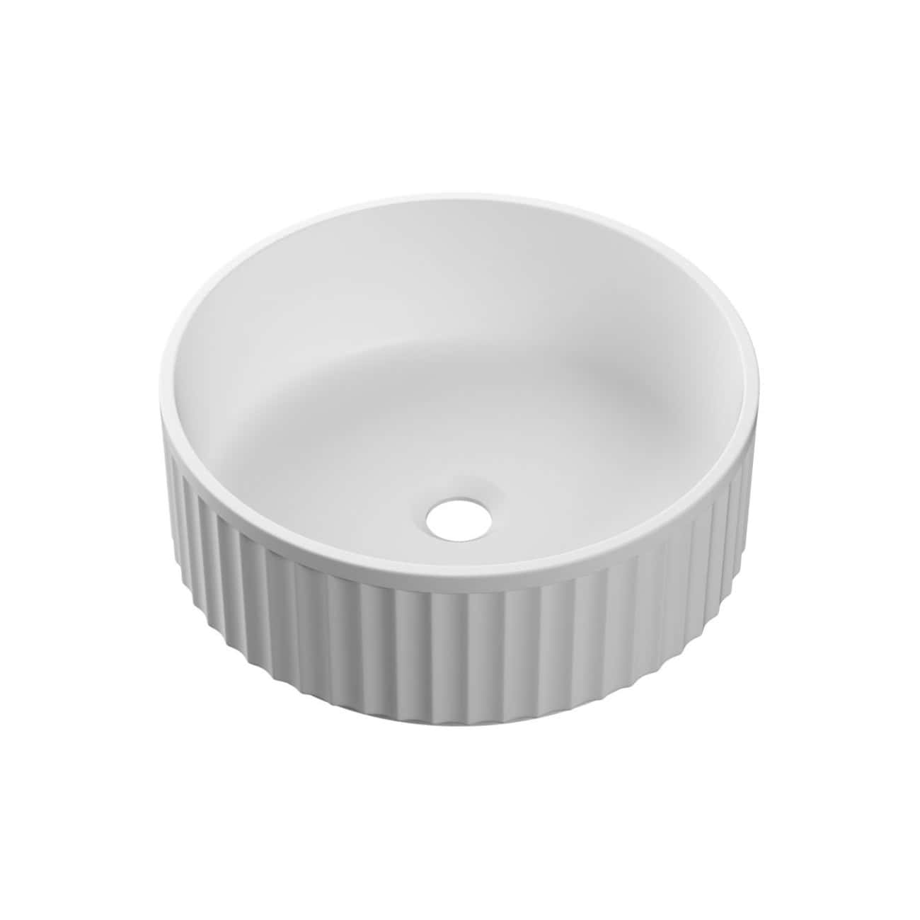 White ceramic kitchen sink with ribbed exterior, round basin, and central drain hole, ideal for modern bathroom or kitchen renovation projects.