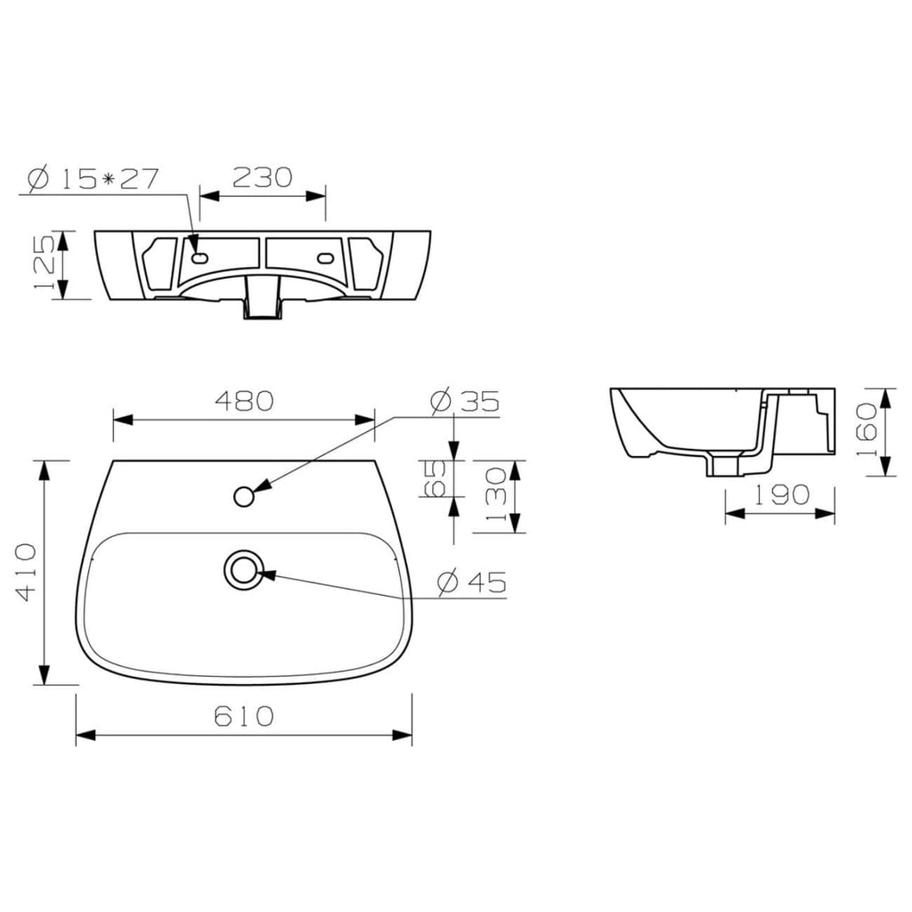 High-quality technical drawing of a bathroom basin with detailed dimensions and specifications for bathroom renovation and installation projects.