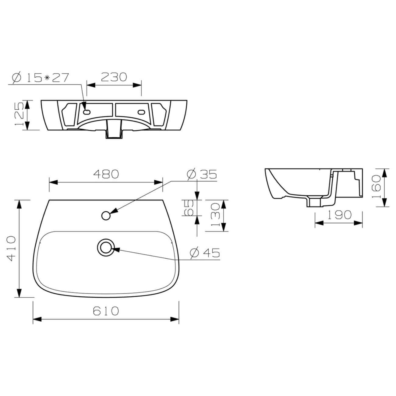 High-quality technical drawing of a bathroom basin with detailed dimensions and specifications for bathroom renovation and installation projects.
