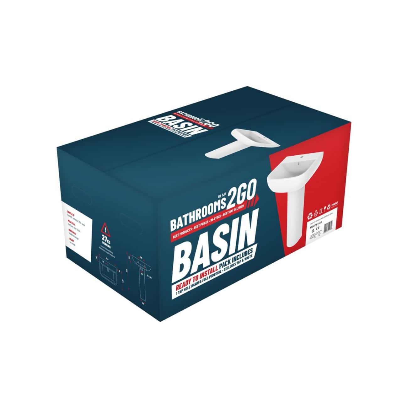 High-quality packaging box for a bathroom basin, designed for easy installation with included tap hole and full fixture fittings, ideal for modern bathroom renovations.