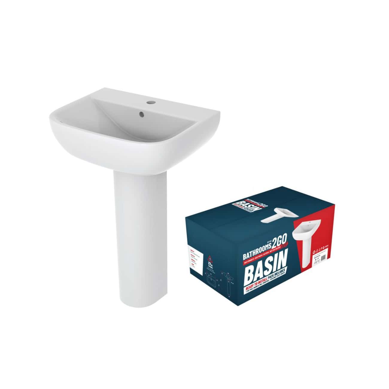 White bathroom pedestal sink with a box of BASIN Bathrooms 2G0 ready-to-install sink kit. Modern, sleek design ideal for small bathrooms and guest toilets. Perfect for quick bathroom upgrades.