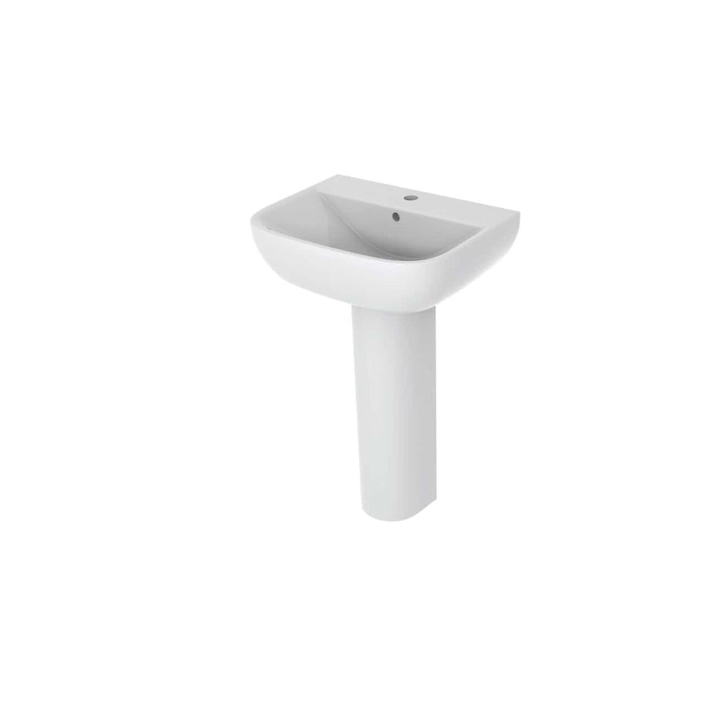 White bathroom pedestal sink with modern design, ceramic finish, and a single faucet hole for contemporary bathroom decor. Suitable for residential and commercial bathrooms.
