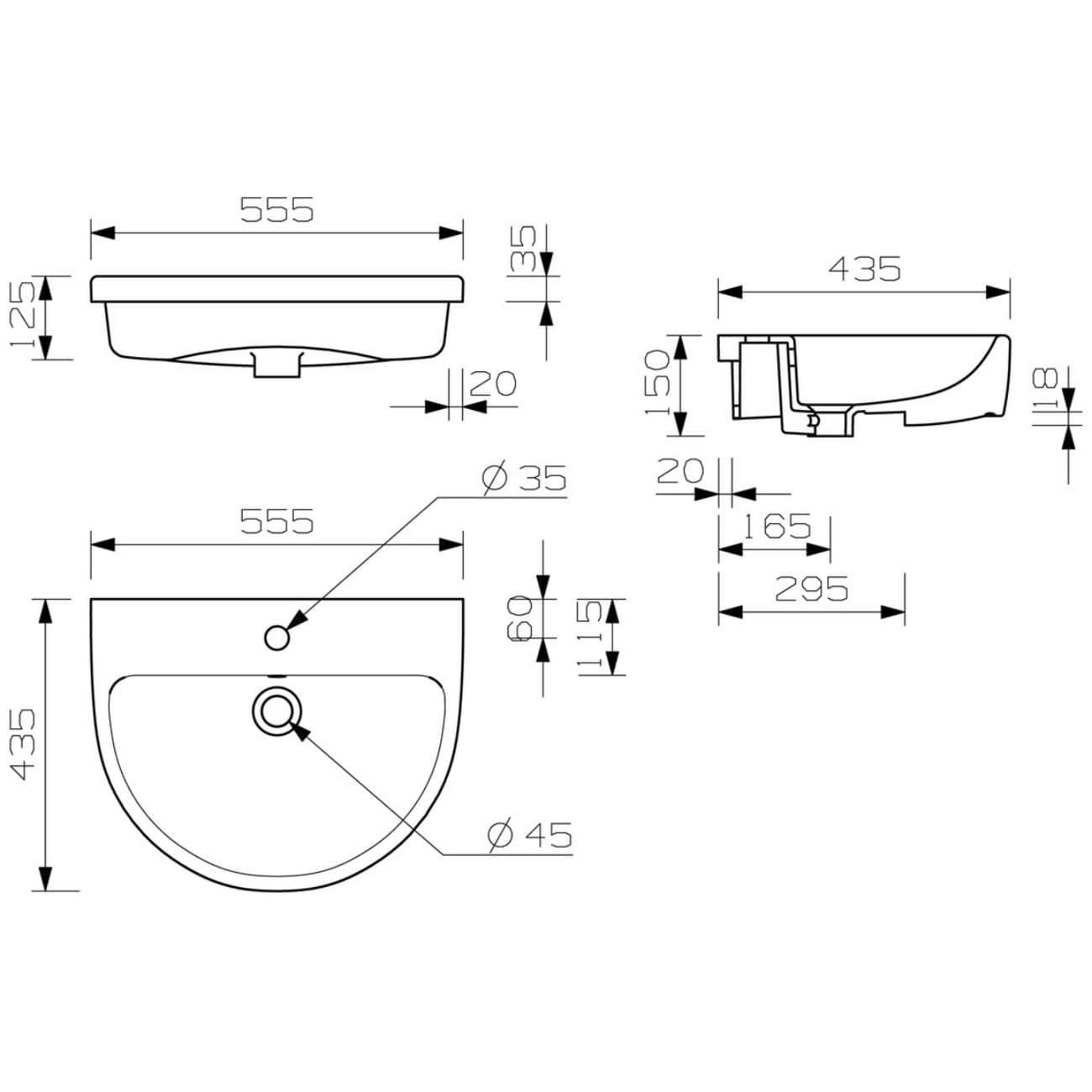 Elegant bathroom sink with detailed technical dimensions, ideal for modern bathroom renovations and installation projects. Features precise measurements for seamless fitting.