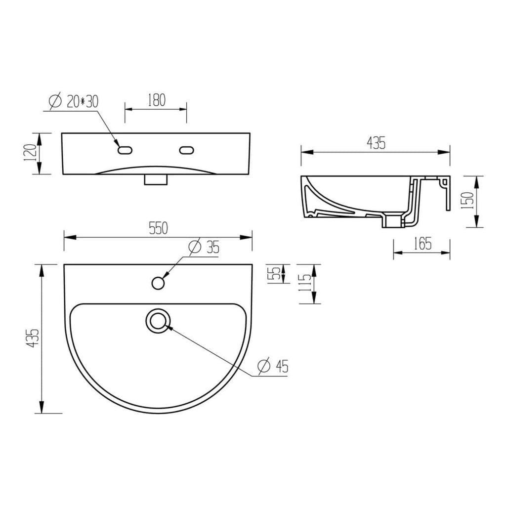 Modern bathroom sink technical drawing with dimensions, top view, front view, and side profile, showing detailed measurements for bathroom basin installation and design.