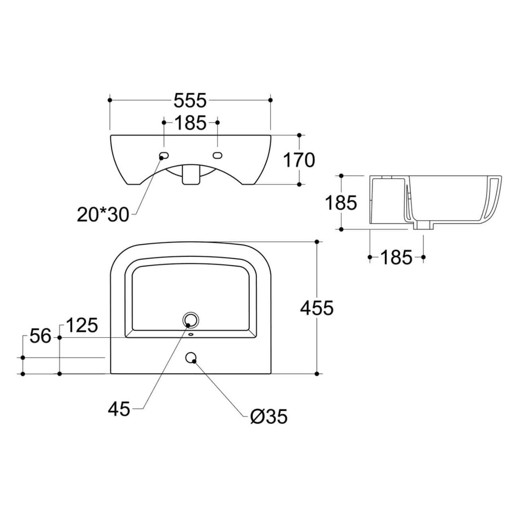 High-quality technical drawing of Bubly Bathrooms bathroom basin with detailed dimensions for installation and design.