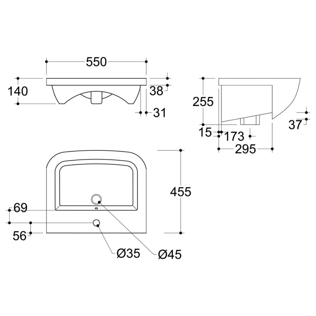 '- Detailed technical drawing of a bathroom sink including dimensions and installation measurements for modern bathroom design.