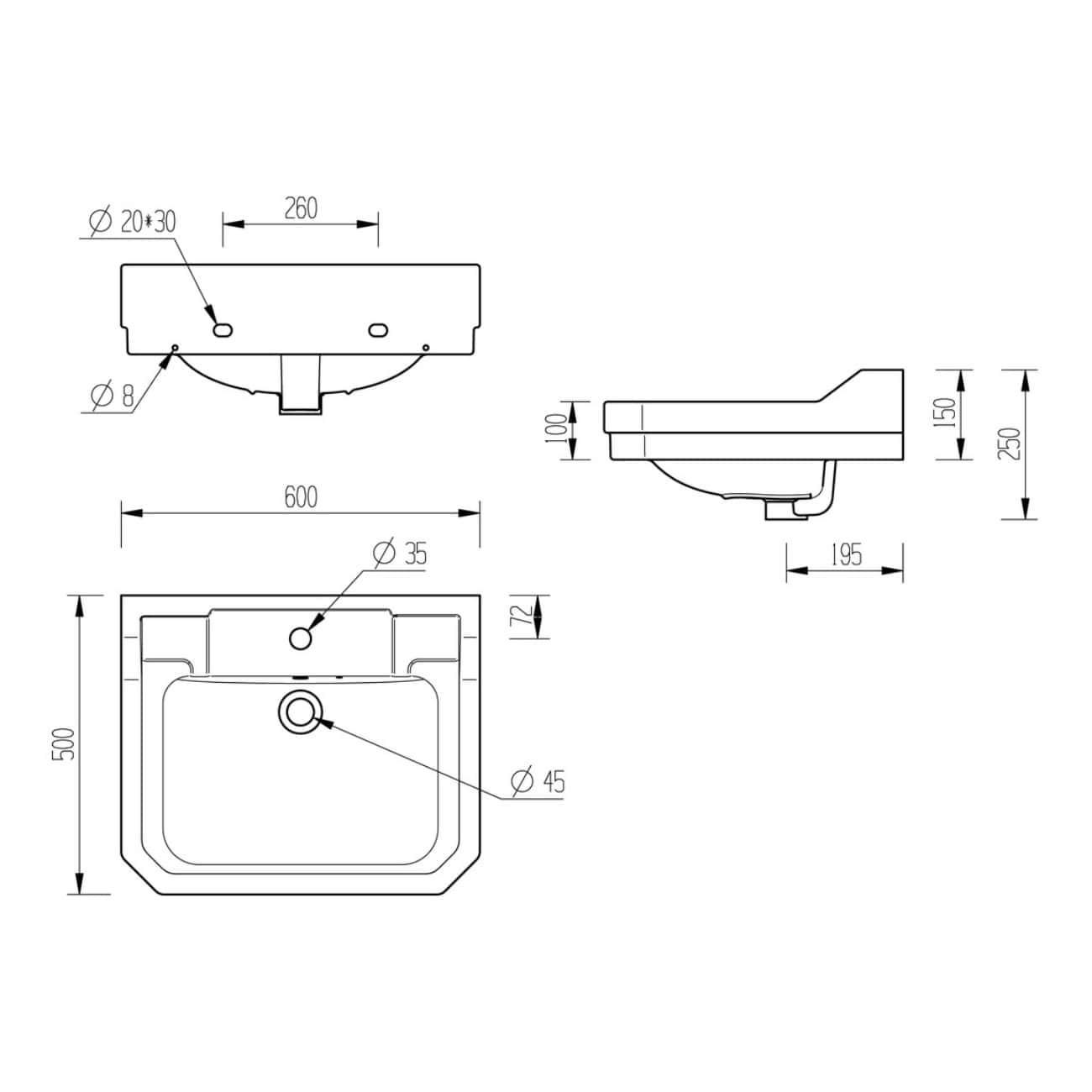 Precision technical drawing of a modern bathroom sink basin with detailed measurements and specifications, ideal for bathroom renovation and plumbing installation planning.