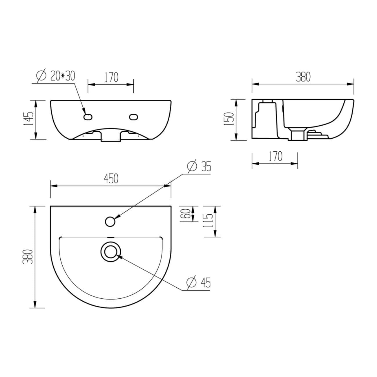 Elegant bathroom sink technical drawing with detailed measurements and dimensions, ideal for bathroom renovation and fixture installation, showcasing modern design and precise engineering.