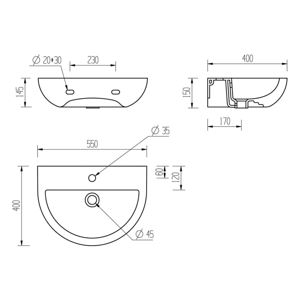 High-quality technical bathroom sink blueprint with detailed measurements and specifications for Bubly Bathrooms.