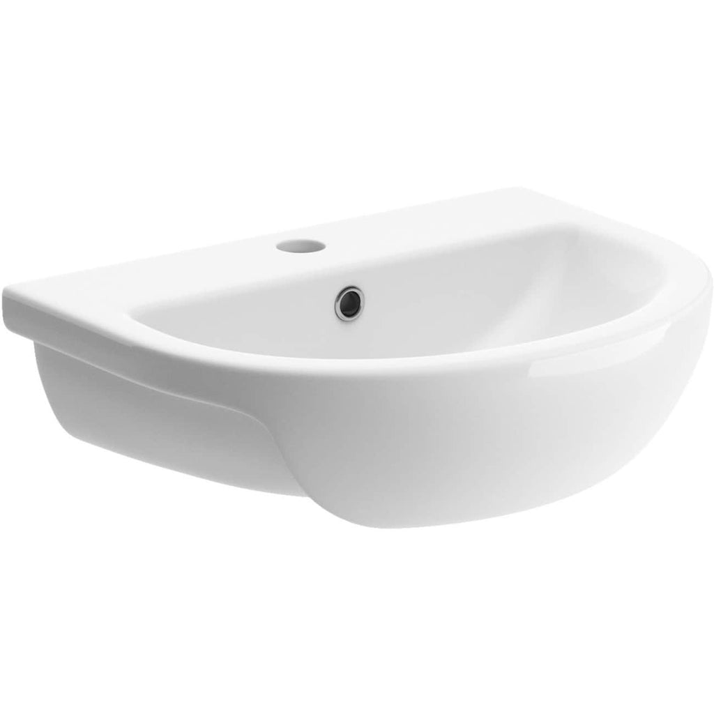 Sleek white bathroom wall-mounted wash basin with integrated overflow and tap hole, designed for modern bathroom aesthetics and space-saving convenience.