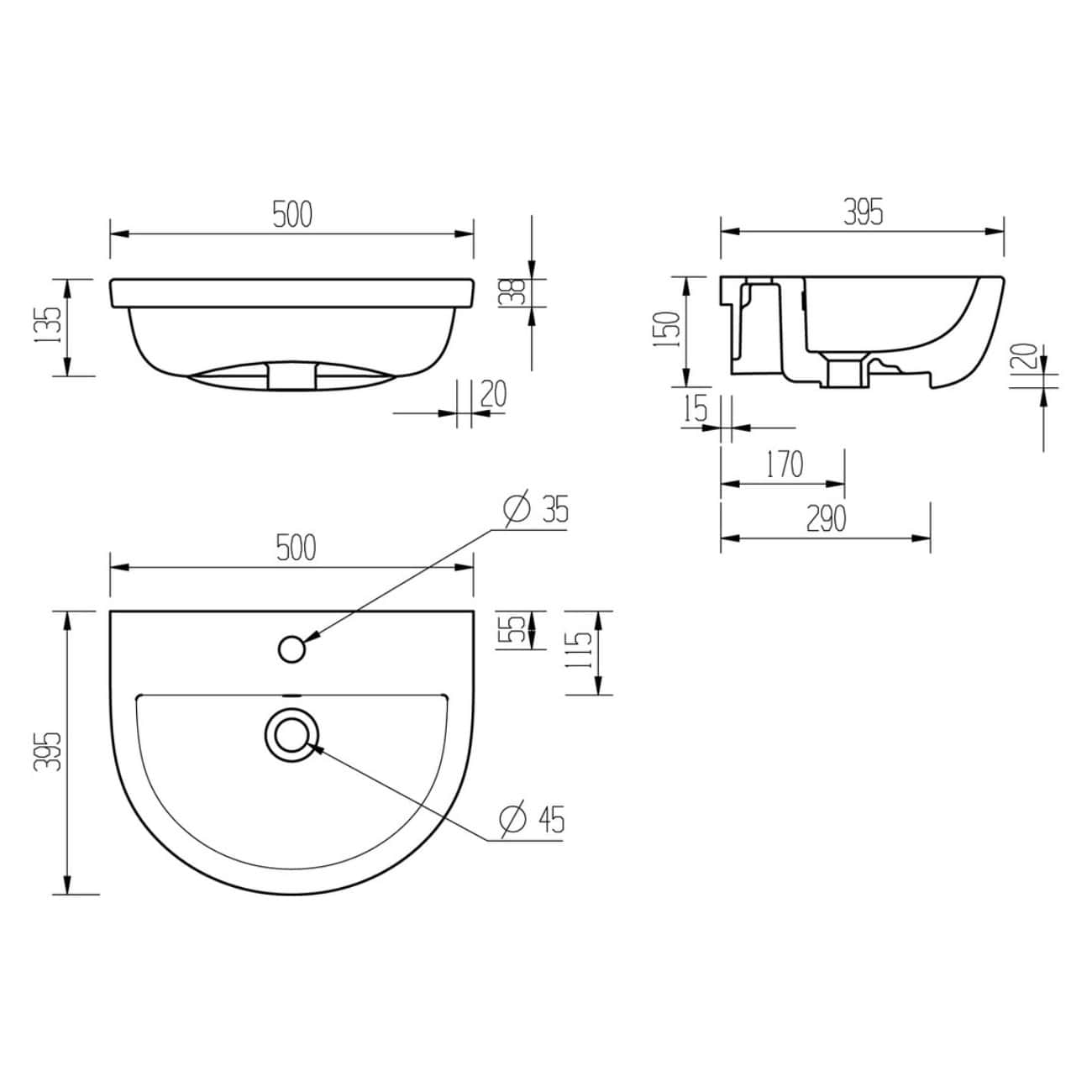 Elegant modern wall-mounted bathroom sink with precise measurements, designed for space-saving and stylish bathroom renovations. Ideal for contemporary interiors with easy installation features.