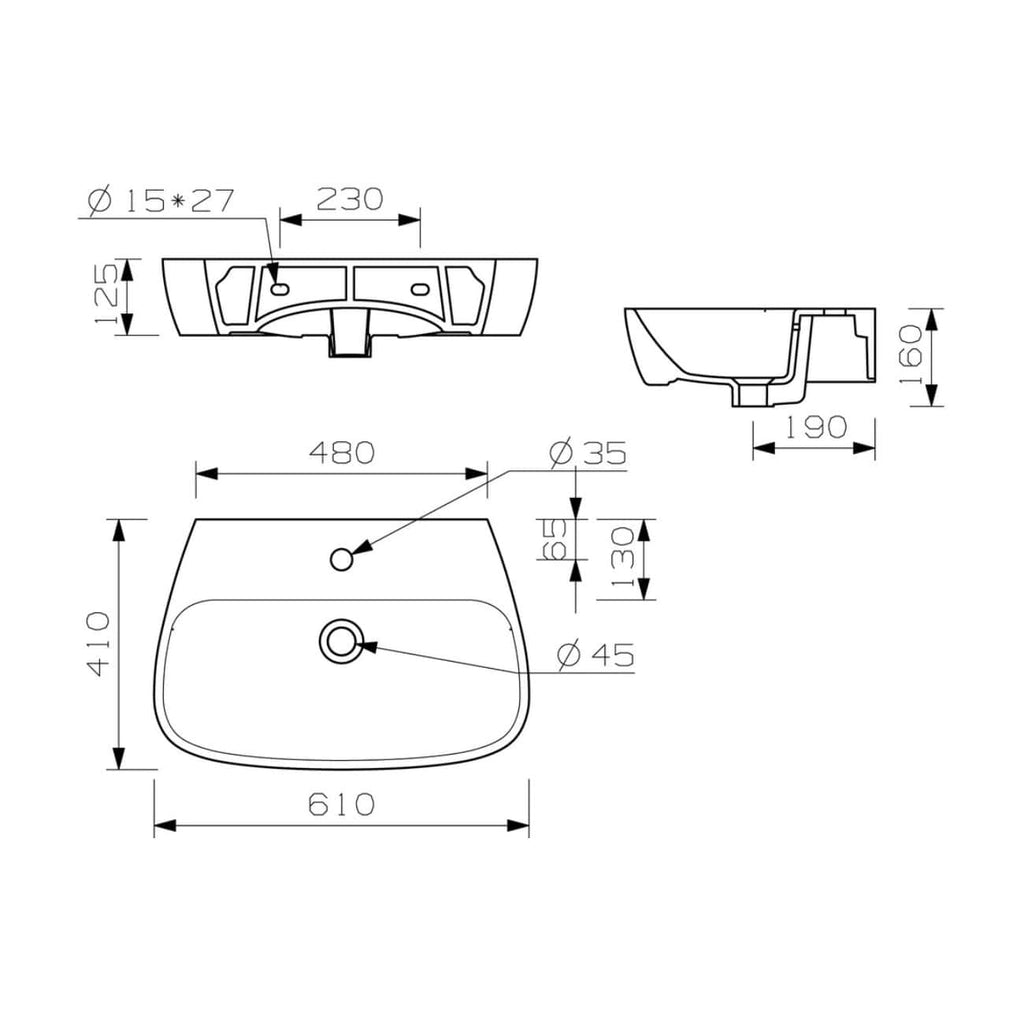 Precise technical diagram of a bathroom sink with detailed measurements and specifications, ideal for bathroom renovations and plumbing installations.