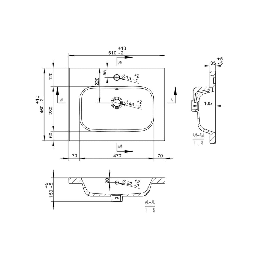 High-quality technical drawing of a bathroom sink with detailed measurements, specifications, and installation instructions from Bubly Bathrooms for modern bathroom renovation projects.