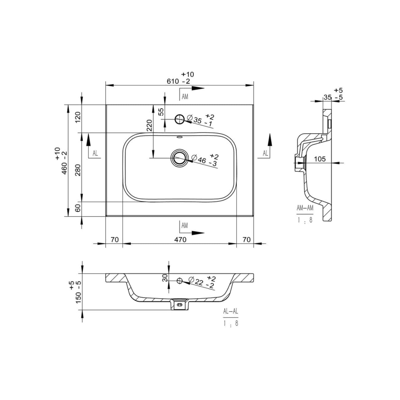High-quality technical drawing of a bathroom sink with detailed measurements, specifications, and installation instructions from Bubly Bathrooms for modern bathroom renovation projects.