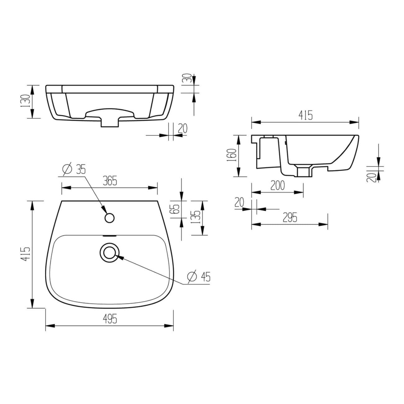Modern bathroom sink with detailed technical drawings, measurements, and installation specifications for Bubly Bathrooms. Ideal for plumbing and renovation projects.
