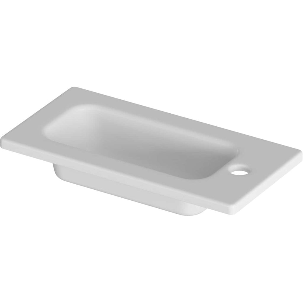 White ceramic bathroom sink with integrated overflow and single drain hole, designed for modern bathroom installations. Perfect for contemporary bathroom suites and upgrades.
