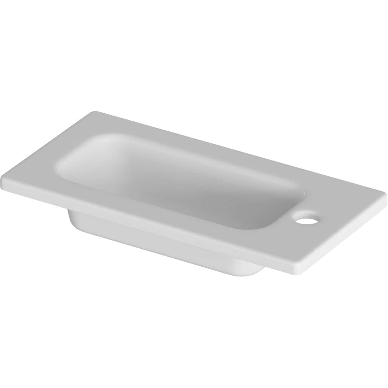 White ceramic bathroom sink with integrated overflow and single drain hole, designed for modern bathroom installations. Perfect for contemporary bathroom suites and upgrades.