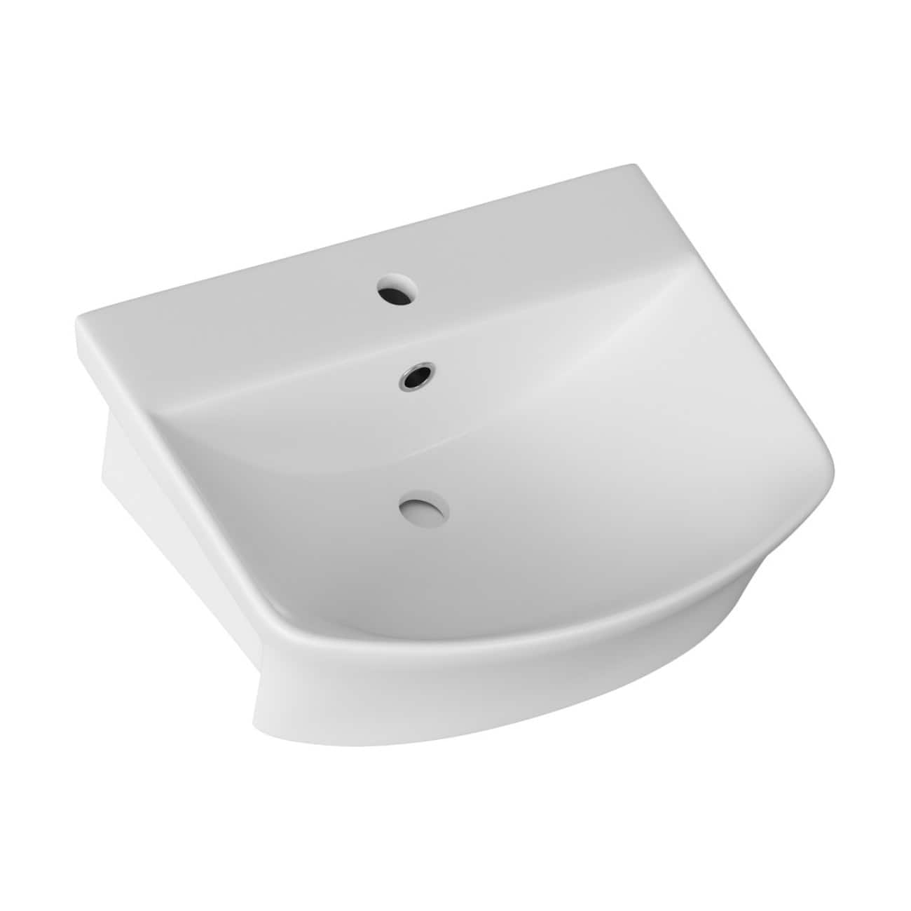 Sleek white bathroom sink with modern design, suitable for contemporary bathrooms and washrooms. Durable ceramic material with pre-drilled holes for faucet and overflow, perfect for stylish and functional bathroom updates.