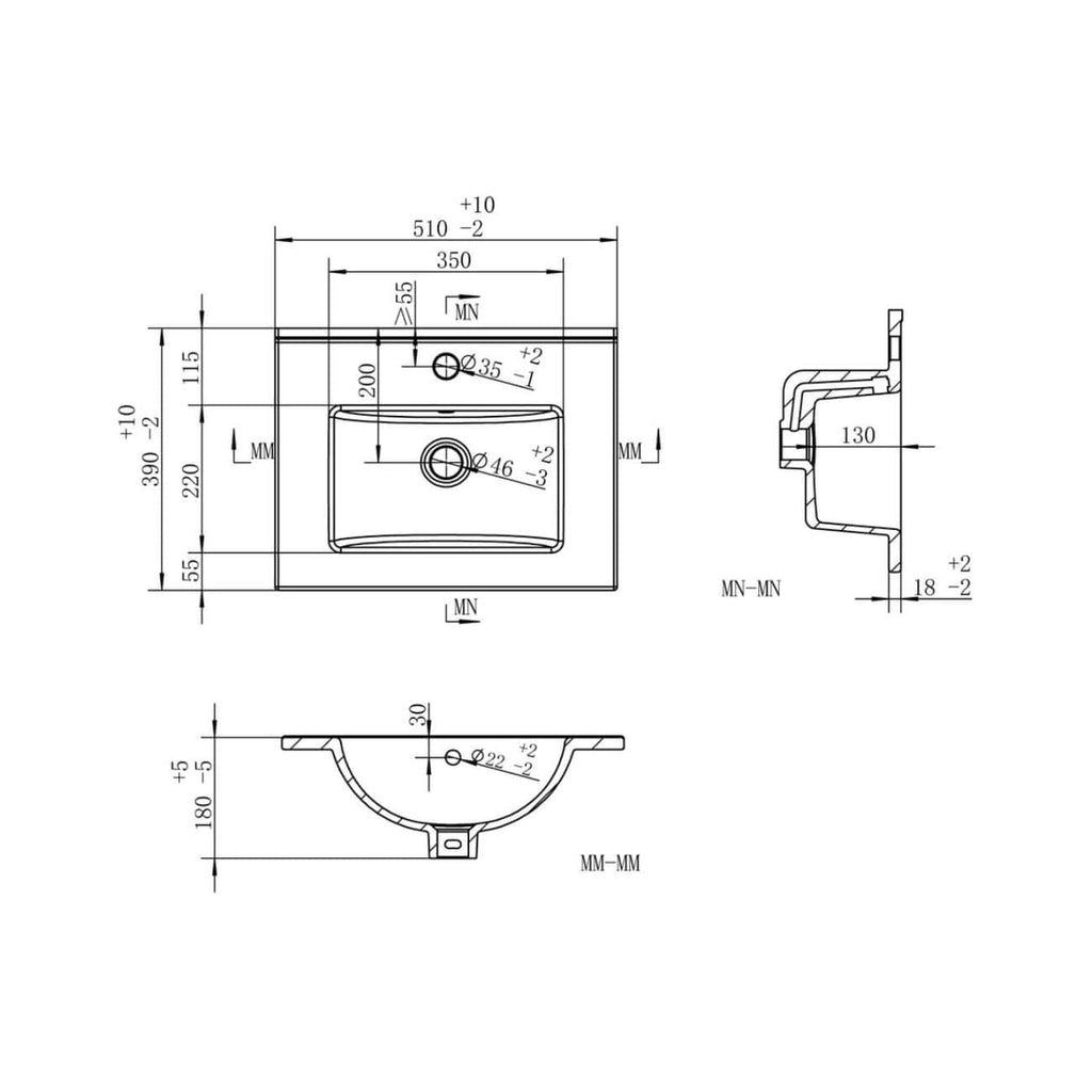 Precision technical bathroom sink blueprint with detailed measurements, suitable for bathroom renovation, plumbing, and installation projects. Focuses on dimensions, drain placement, and mounting specifications.