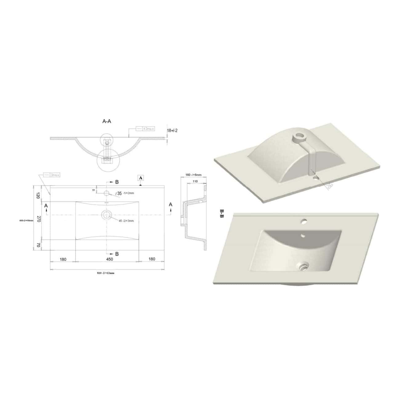 Precise technical drawings and 3D models of bathroom sinks and washbasins for Bubly Bathrooms, showcasing design, dimensions, and installation details for modern bathroom renovations.