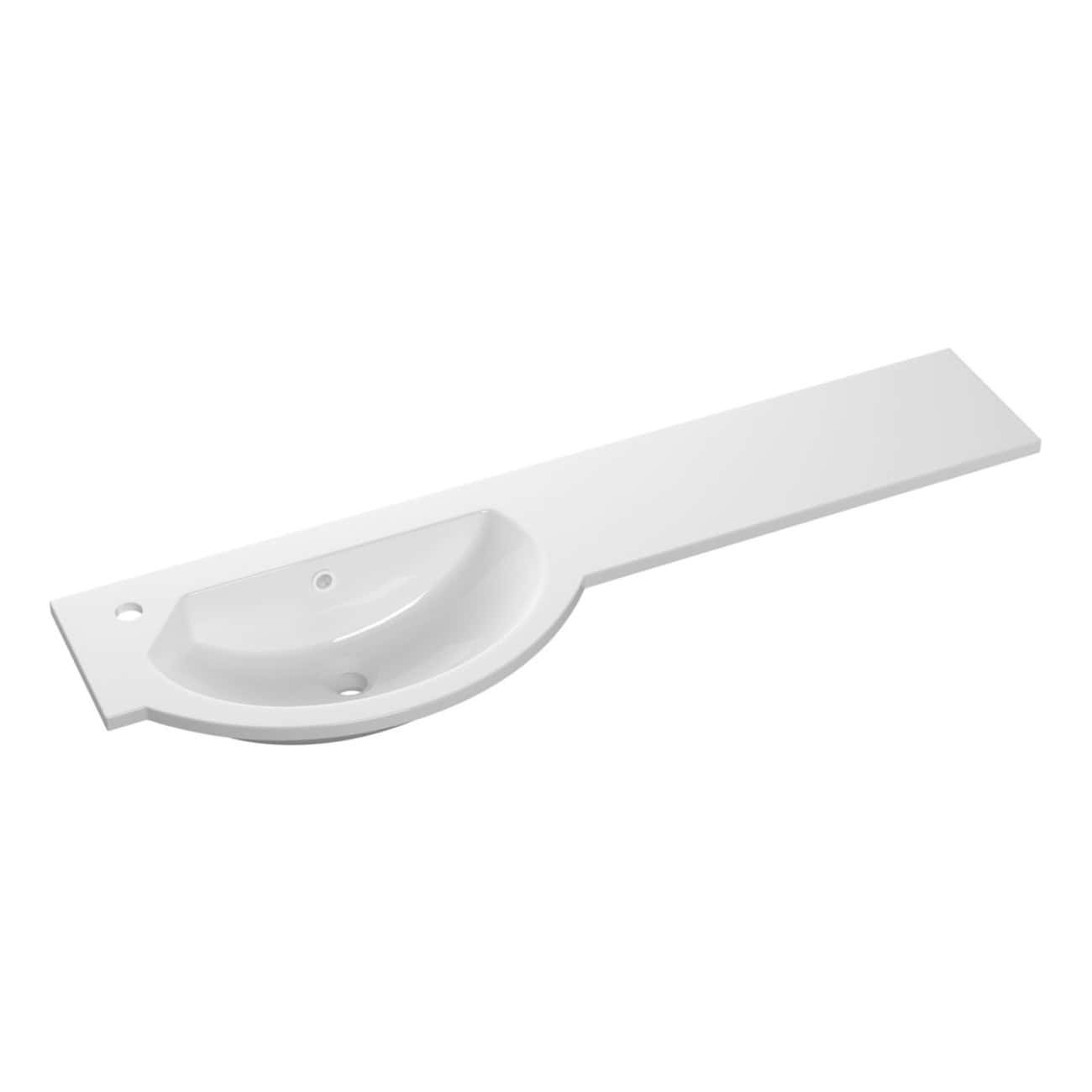 Polyethylene corner wash basin with integrated shelf for modern bathroom design. Compact white bathroom sink ideal for space-saving bathroom remodels. Durable ceramic finish for long-lasting use.