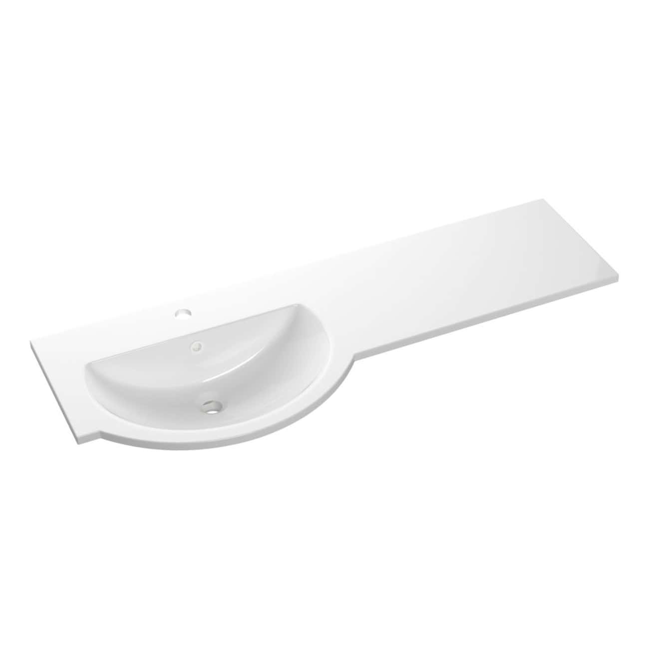 White bathroom sink with a sleek, modern design, integrated into a long rectangular countertop for contemporary bathroom aesthetics. Perfect for minimalist bathroom renovations and space-saving solutions.