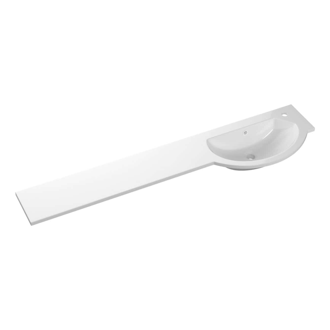White bathroom sink with integrated counter, modern design, ideal for contemporary bathrooms, durable ceramic material, sleek surfaces, and adaptable for various bathroom layouts.