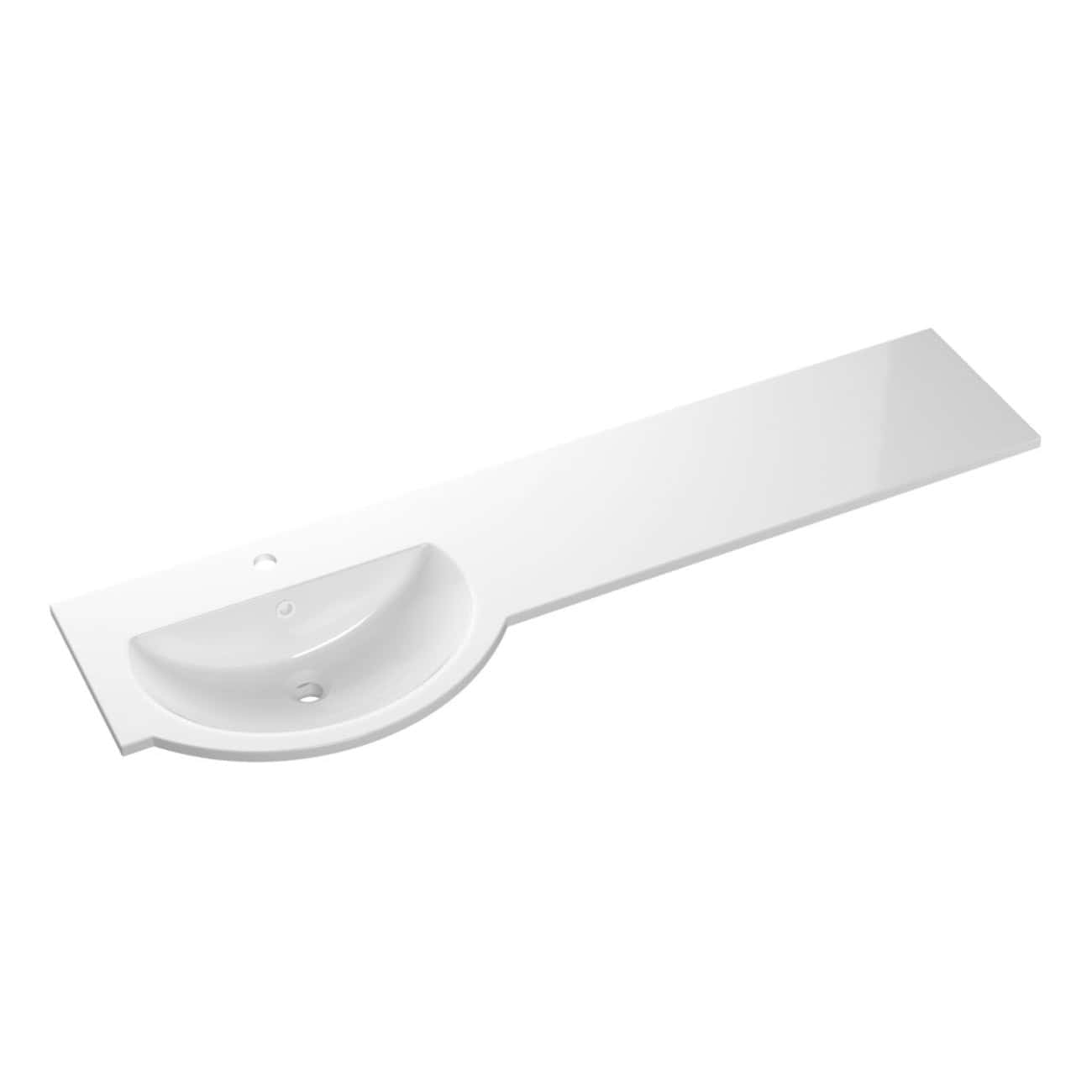 White bathroom sink with an extended countertop and modern design for contemporary bathrooms. Durable ceramic material, perfect for stylish and functional bathroom installations.