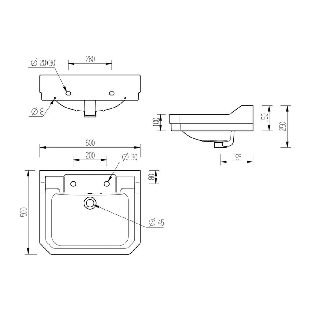 Precision bathroom sink technical drawing with detailed dimensions and installation specifications for Bubly Bathrooms.