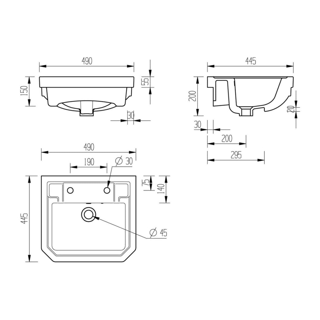 Precision technical drawing of a modern bathroom washbasin with detailed measurements for installation and design. Suitable for bathroom renovation or construction projects.