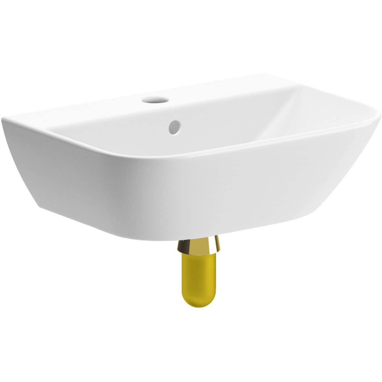 Sleek modern white bathroom sink with gold-finished drain and clean lines, perfect for contemporary bathroom designs.