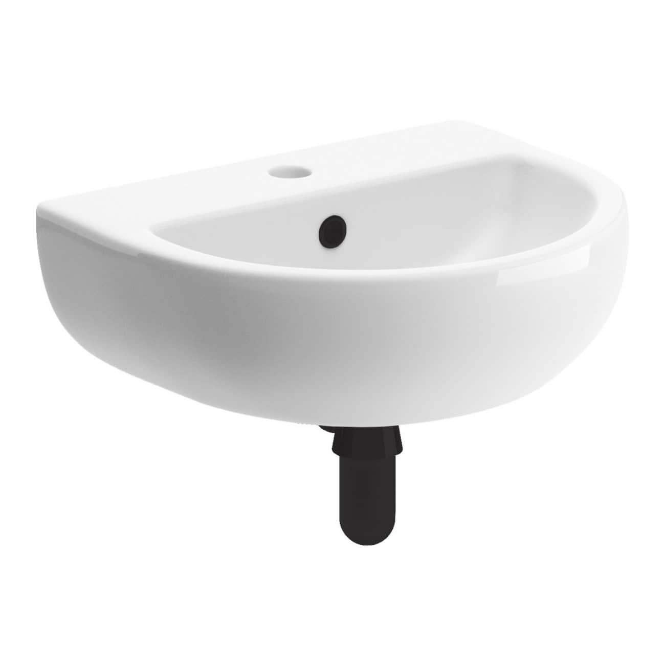 Contemporary white bathroom sink with black pop-up waste and tap hole, mounted on a black support, ideal for modern bathroom designs.