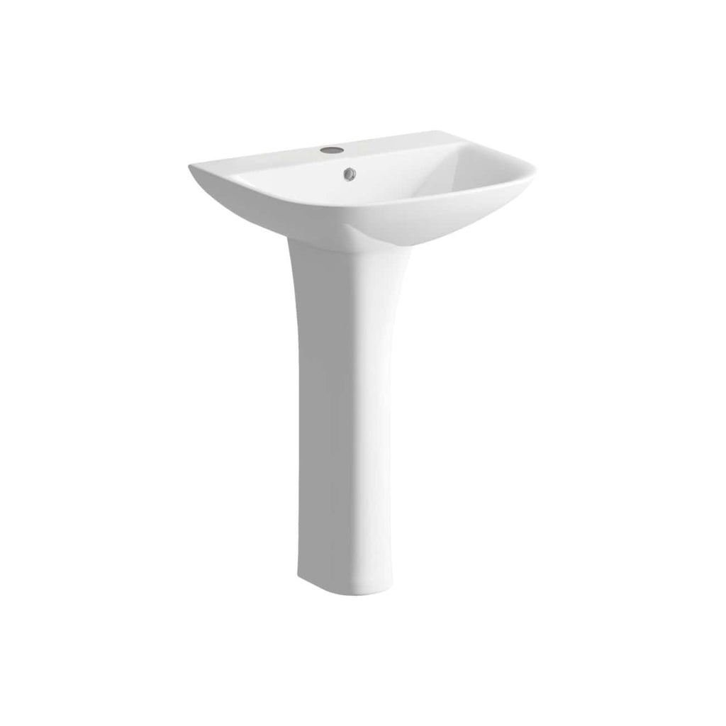 Sleek white pedestal bathroom sink with modern design, ideal for contemporary bathroom renovations and fittings. Perfect for stylish, functional bathroom space.