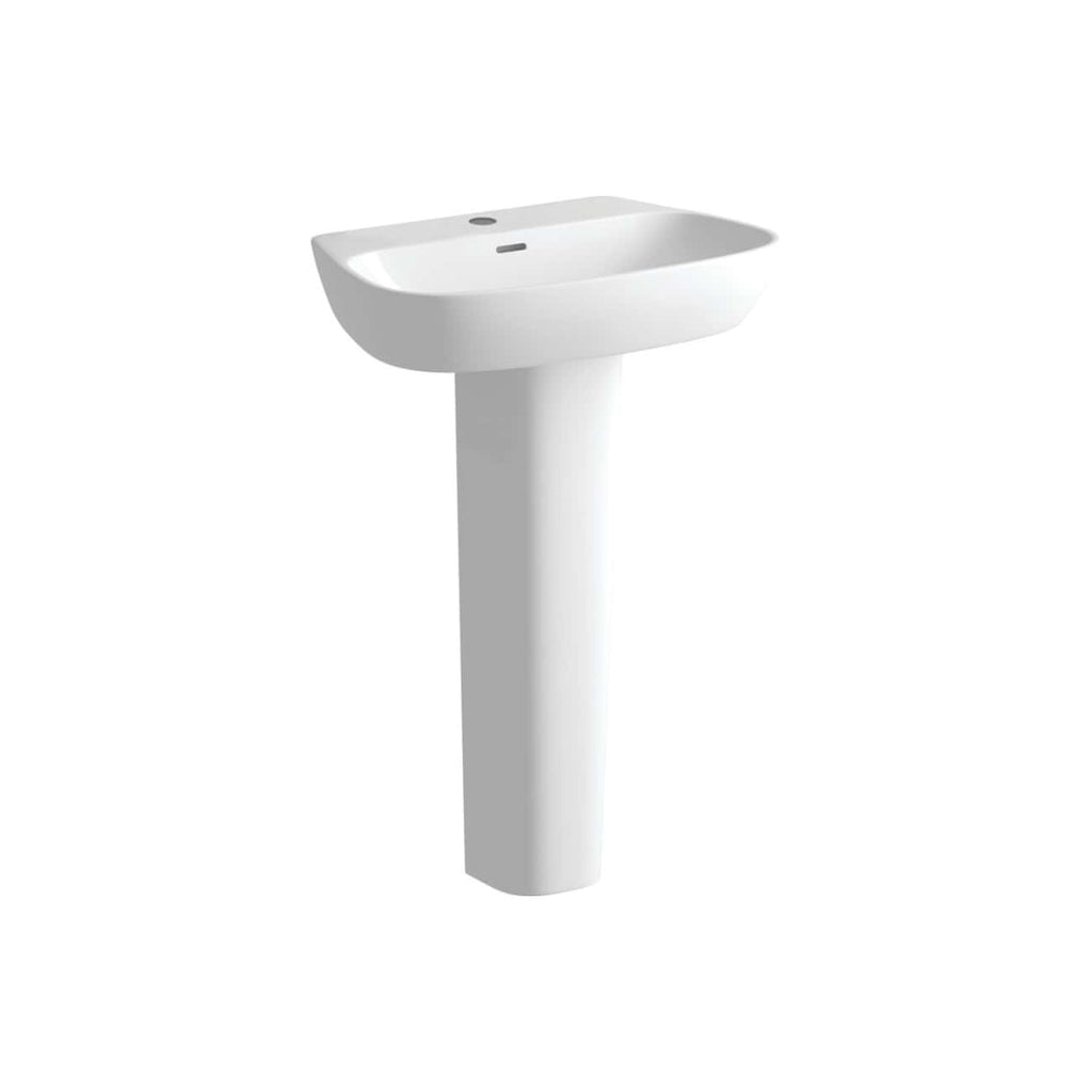Contemporary white pedestal bathroom sink with sleek design, modern tap hole, ideal for bathroom renovations and stylish bathroom setups. Perfect for compact and contemporary bathrooms.