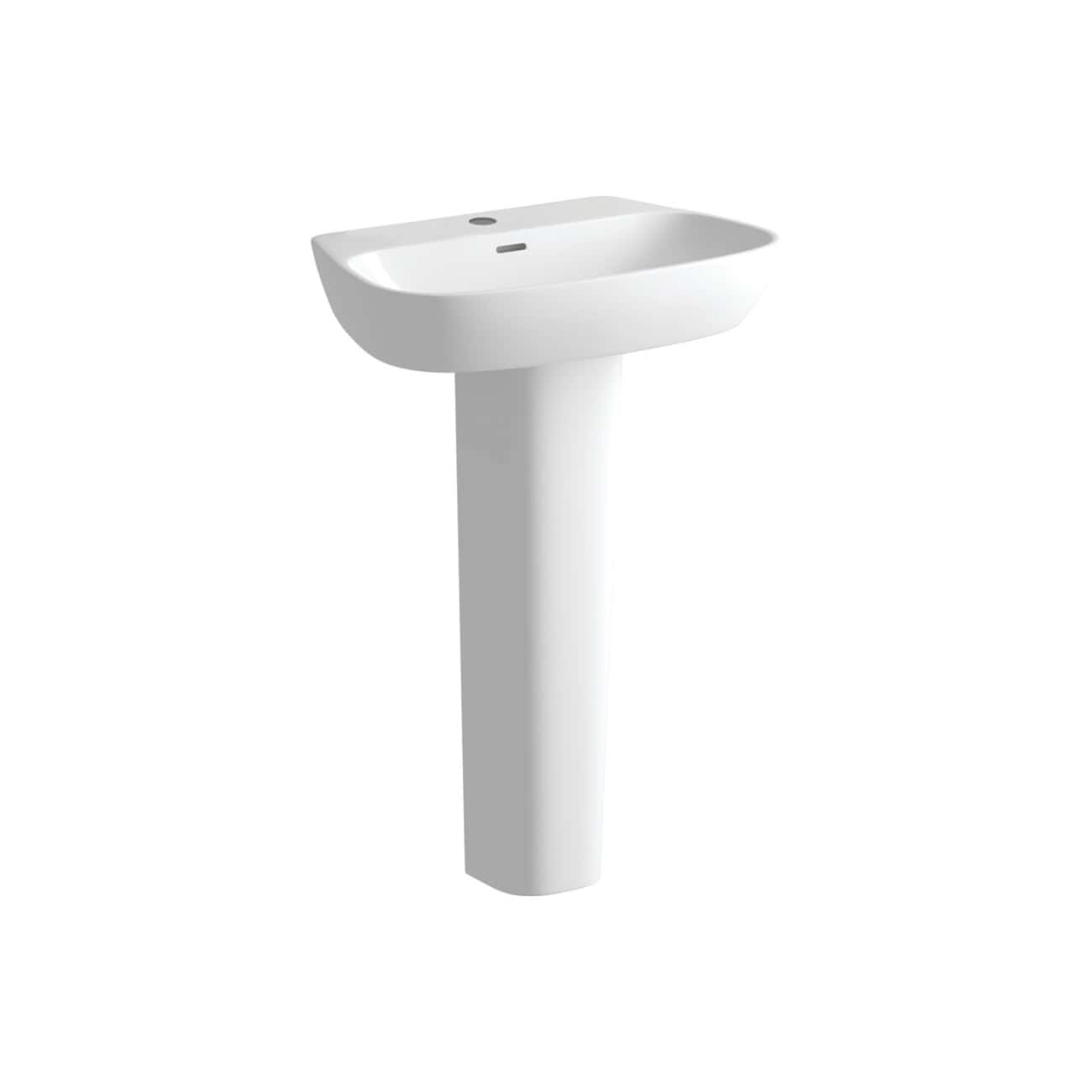 Contemporary white pedestal bathroom sink with sleek design, modern tap hole, ideal for bathroom renovations and stylish bathroom setups. Perfect for compact and contemporary bathrooms.